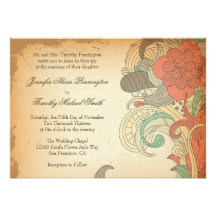 Faire-part de mariage floral rouge-brun vintage de