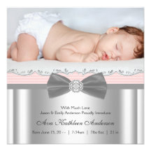 Faire-part de naissance gris rose de photo de bébé