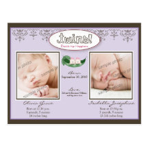 Faire-part de naissance lilas/bébé de filles jumel carte postale