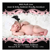 Faire-part de naissance noir rose de bébé de photo
