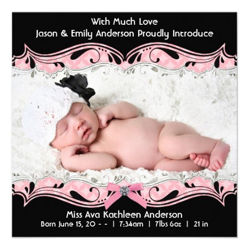 Faire-part de naissance noir rose de bébé de photo