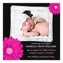 Faire-part de naissance noir rose de photo de fill