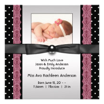 Faire-part de naissance noir rose de photo de fill