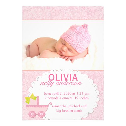 Faire-part de naissance rose de photo de bébé de c