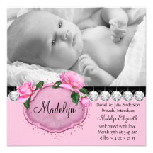 Faire-part de naissance rose de photo de noir de r