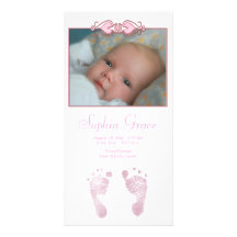 Faire-part de naissance rose d'empreintes de pas d cartes avec photo