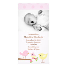 Faire-part de naissance rose d'oiseaux cartes avec photo
