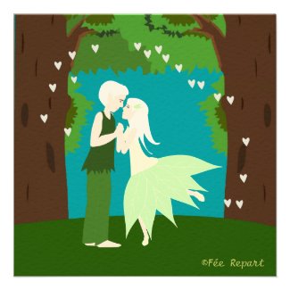Faire-part mariage couple d'elfes cœur forêt