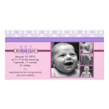 faire-part rose et pourpre de bébé de motif de ban carte avec photo