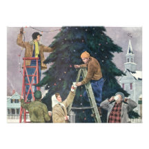 Famille ficelant des lumières sur l'arbre de Noël Carton D'invitation