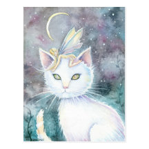 Fée de lune de ruban et carte postale de chat