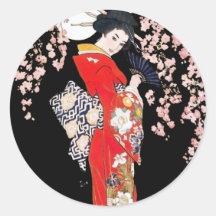 Femme asiatique avec la nuit de fleurs de cerisier adhésif