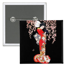 Femme asiatique avec la nuit de fleurs de cerisier pin's