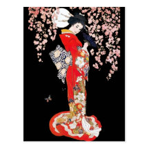 Femme asiatique avec la nuit de fleurs de cerisier cartes postales