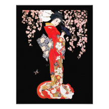 Femme asiatique avec la nuit de fleurs de cerisier cartons d'invitation