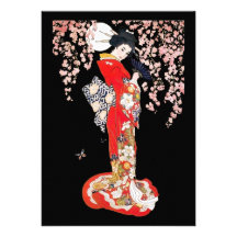 Femme asiatique avec la nuit de fleurs de cerisier invitations personnalisables