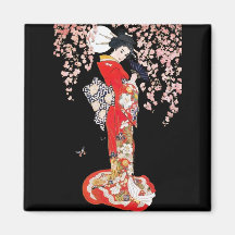 Femme asiatique avec la nuit de fleurs de cerisier magnets pour réfrigérateur