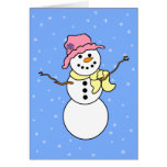 Femme de neige sur des flocons de neige carte