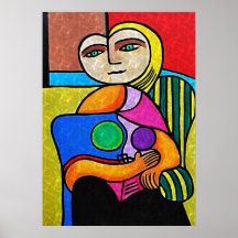 Femme de style de Picasso s'asseyant sur une chais Affiches