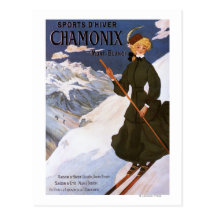 Femme en affiche verte de ski carte postale