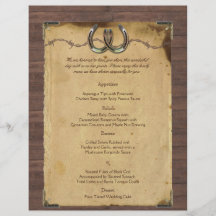 Fers à cheval rustiques de pays épousant le menu prospectus en couleur