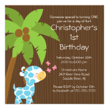 Fête d'anniversaire bleue d'enfant de girafe de ju carton d'invitation