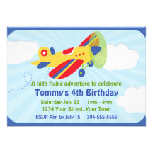 Fête d'anniversaire colorée d'avion invitations personnalisables
