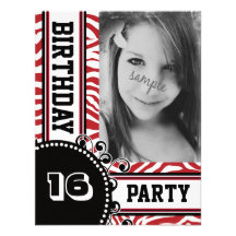 Fête d'anniversaire de la fille rouge blanche noir faire-parts