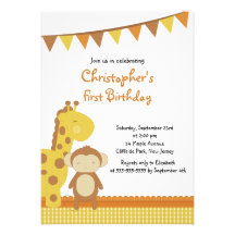 Fête d'anniversaire mignonne de girafe et de singe faire-parts