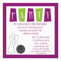 Fête d'anniversaire pourpre de bowling de Cuvette- Invitations