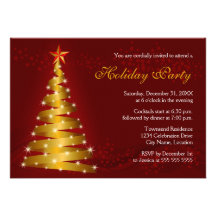 Fête de vacances d'arbre de Noël de ruban d'or Invitations
