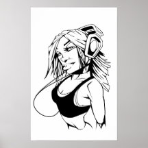 Fille avec dessin au trait écouteurs poster