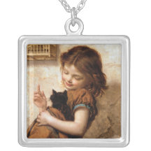 Fille, chat de Kitty et oiseau - peinture vintage Pendentif