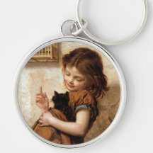 Fille, chat de Kitty et oiseau - peinture vintage Porte-clé