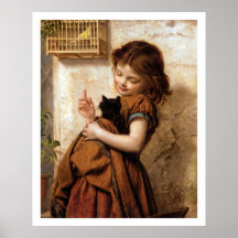 Fille, chat de Kitty et poster vintage d'oiseau