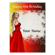 Fille dans anniversaire de robe rouge le 15ème carte de vœux