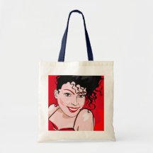 FILLE DANS LA ROBE ROUGE SACS EN TOILE