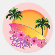 Fille de surfer autocollant rond