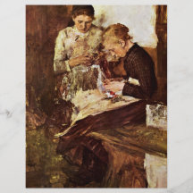 Fille d'extrémité de tricot sur le banc par Leibl  Prospectus
