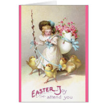 Fille, roses roses et poussins sur des laisses carte de vœux