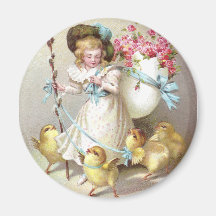 Fille, roses roses et poussins sur des laisses aimants pour réfrigérateur