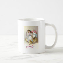 Fille, roses roses et poussins sur des laisses mugs à café