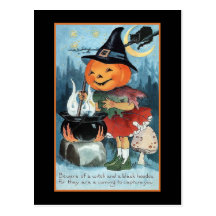 Fille vintage de sorcière de citrouille de salutat cartes postales