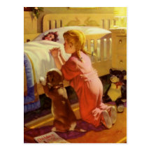 Fille vintage priant avec le chien ; Prières heure Carte Postale