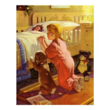 Fille vintage priant avec le chien ; Prières heure Invitations Personnalisables