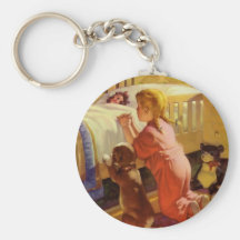 Fille vintage priant avec le chien ; Prières heure Porte-clés