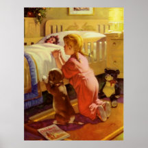 Fille vintage priant avec le chien ; Prières heure Posters