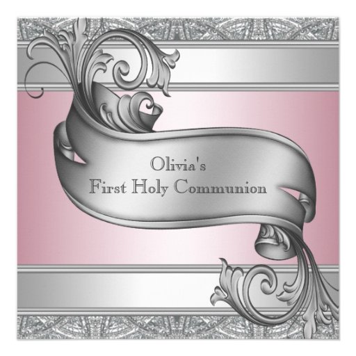 Filles roses et communion de gris première faire-part personnalisé