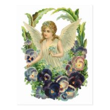 Fleur pourpre de pensée d'ange victorien vintage d carte postale