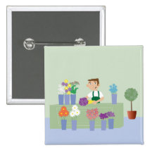 Fleuriste avec l'insigne/bouton de fleurs badges